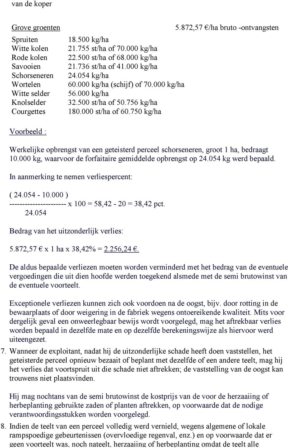 872,57 /ha bruto -ontvangsten Voorbeeld : Werkelijke opbrengst van een geteisterd perceel schorseneren, groot 1 ha, bedraagt 10.000 kg, waarvoor de forfaitaire gemiddelde opbrengst op 24.