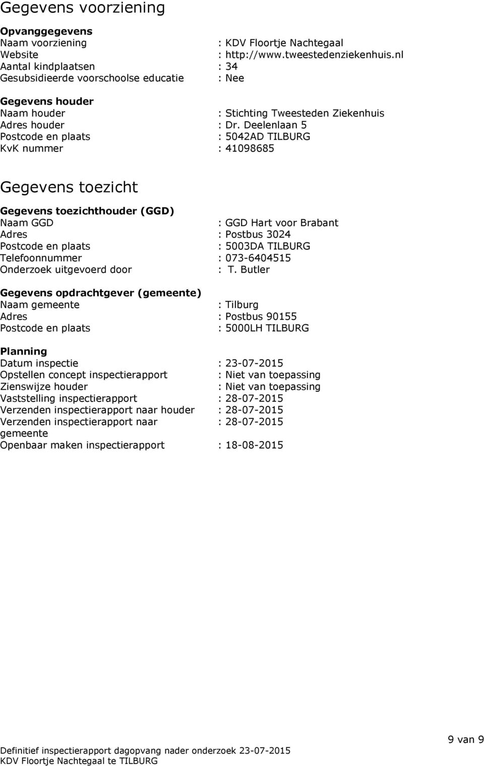 Deelenlaan 5 Postcode en plaats : 5042AD TILBURG KvK nummer : 41098685 Gegevens toezicht Gegevens toezichthouder (GGD) Naam GGD : GGD Hart voor Brabant Adres : Postbus 3024 Postcode en plaats :