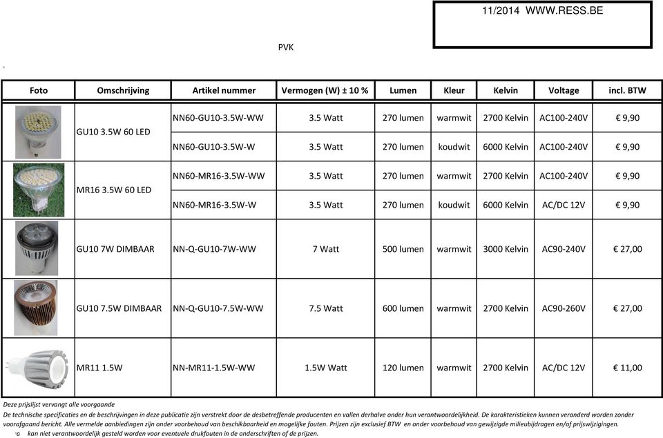 5 Watt 270 lumen koudwit 6000 Kelvin AC/DC 12V 9,90 GU10 7W DIMBAAR NNQGU107WWW 7 Watt 500 lumen warmwit 3000 Kelvin AC90240V 27,00 GU10 7.5W DIMBAAR NNQGU107.5WWW 7.