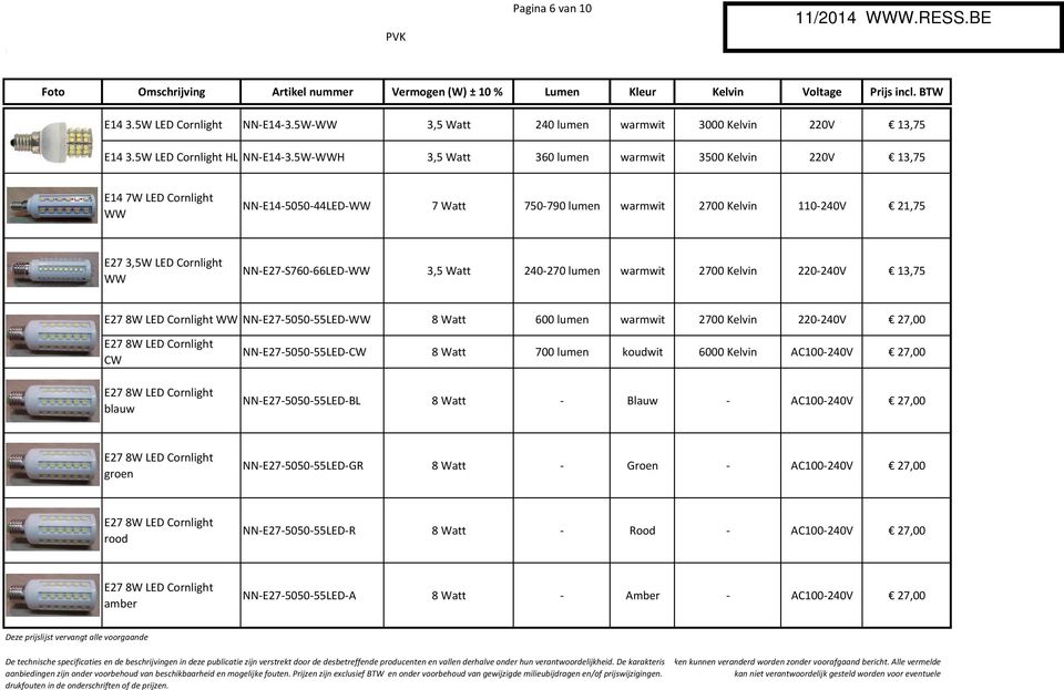 Watt 240270 lumen warmwit 2700 Kelvin 220240V 13,75 E27 8W LED Cornlight WW NNE27505055LEDWW 8 Watt 600 lumen warmwit 2700 Kelvin 220240V 27,00 E27 8W LED Cornlight CW E27 8W LED Cornlight blauw