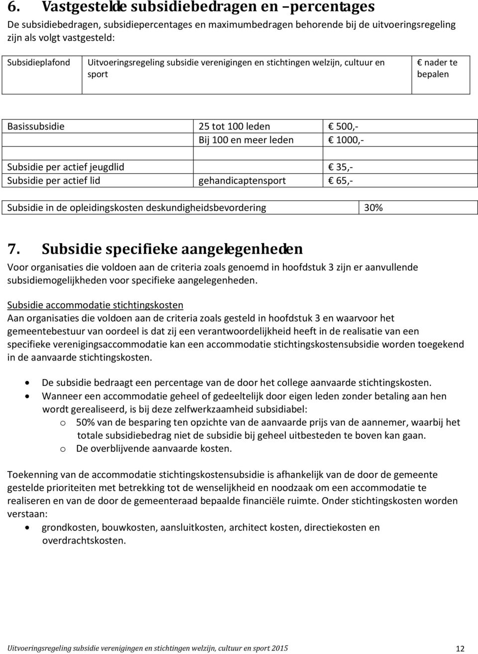 Subsidie per actief lid gehandicaptensport 65,- Subsidie in de opleidingskosten deskundigheidsbevordering 30% 7.