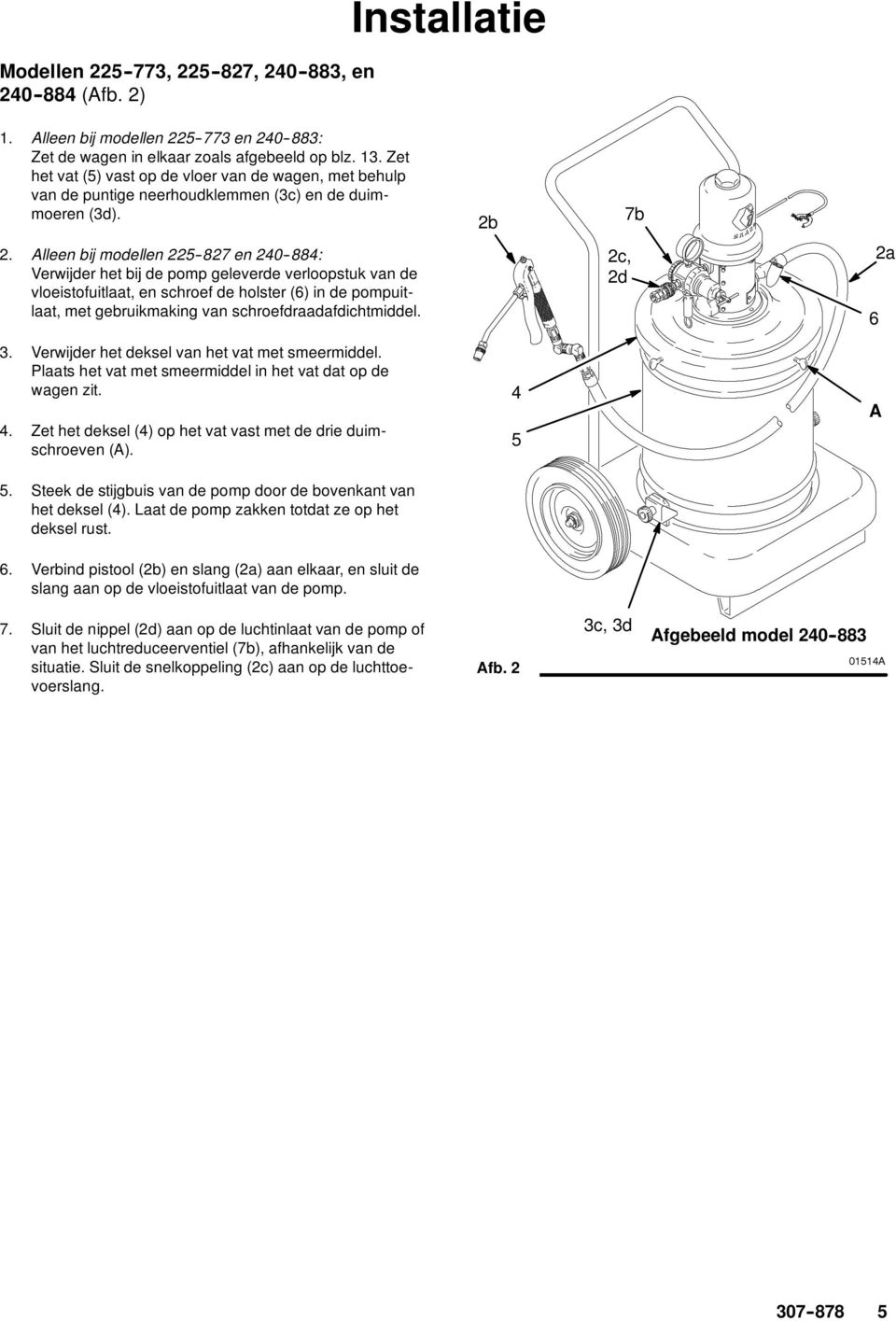 Alleen bij modellen 225--827 en 240--884: Verwijder het bij de pomp geleverde verloopstuk van de vloeistofuitlaat, en schroef de holster (6) in de pompuitlaat, met gebruikmaking van