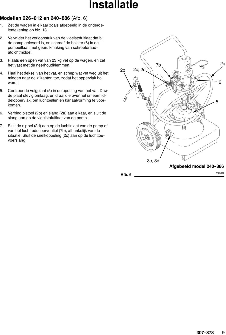 Haal het deksel van het vat, en schep wat vet weg uit het midden naar de zijkanten toe, zodat het oppervlak hol wordt. 2b 2c, 2d 7b 6 2a 5. Centreer de volgplaat (5) in de opening van het vat.