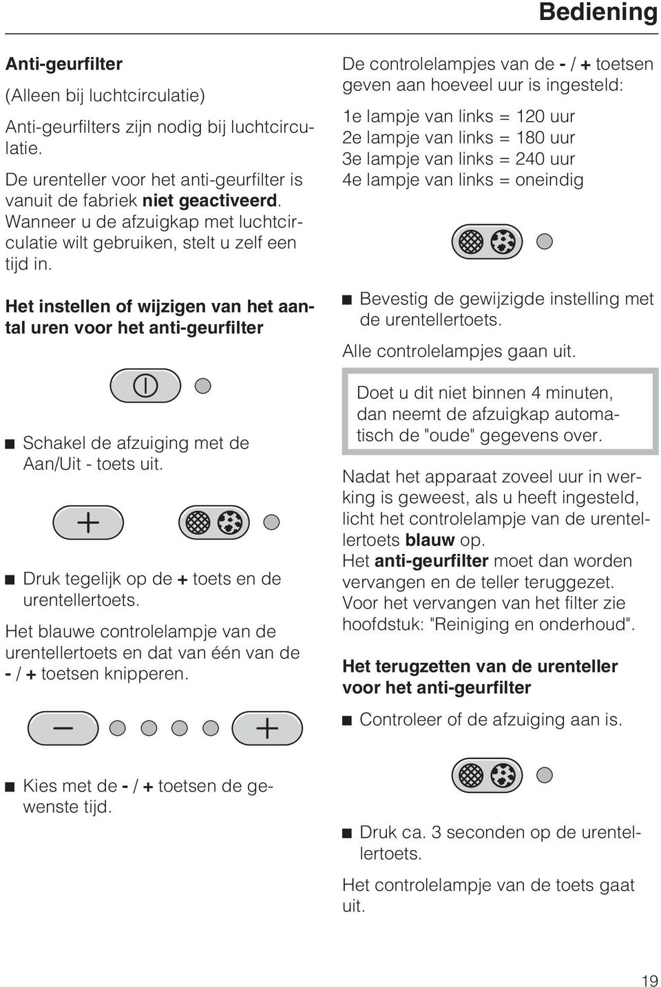 Het instellen of wijzigen van het aantal uren voor het anti-geurfilter Schakel de afzuiging met de Aan/Uit - toets uit. Druk tegelijk op de + toets en de urentellertoets.