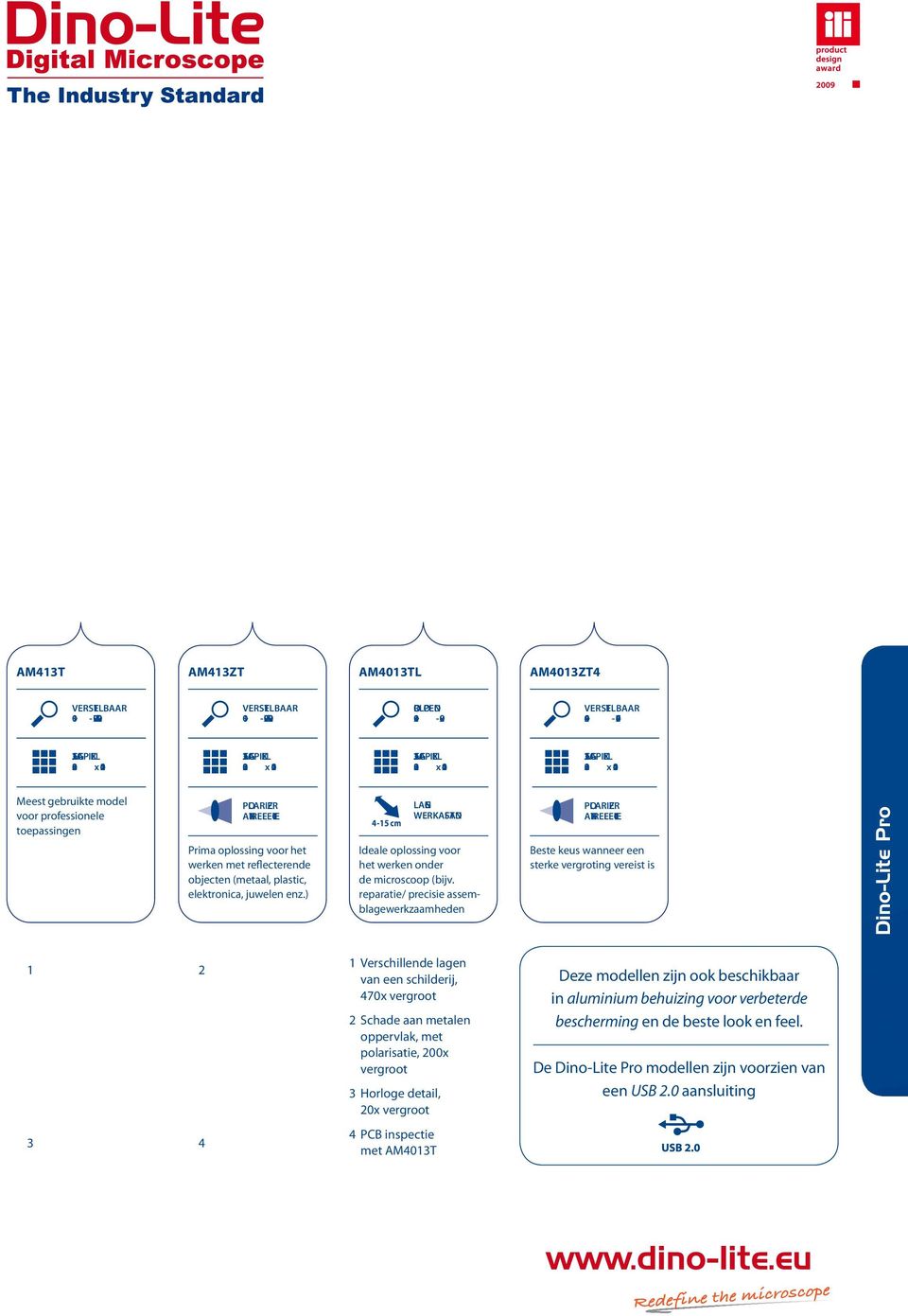 Er is een groot aantal modellen beschikbaar in het Pro assortiment, van de veelzijdige AM413T (met vergrotingen tot 70x en rond 200x) tot de AM4013TL (met vergroting tot 90x en een werkafstand tot 15