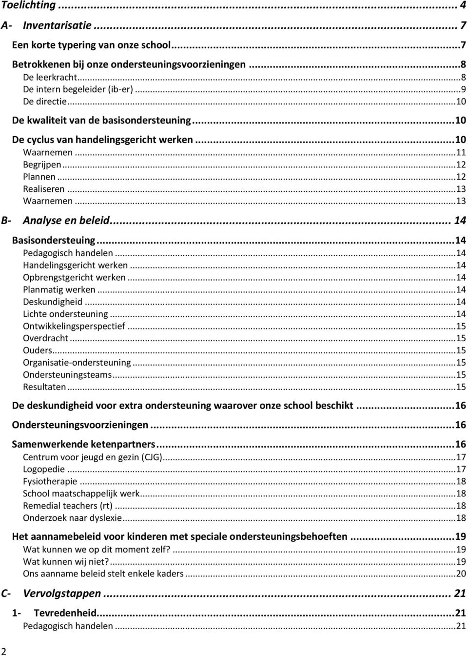 .. 14 Basisondersteuing... 14 Pedagogisch handelen... 14 Handelingsgericht werken... 14 Opbrengstgericht werken... 14 Planmatig werken... 14 Deskundigheid... 14 Lichte ondersteuning.