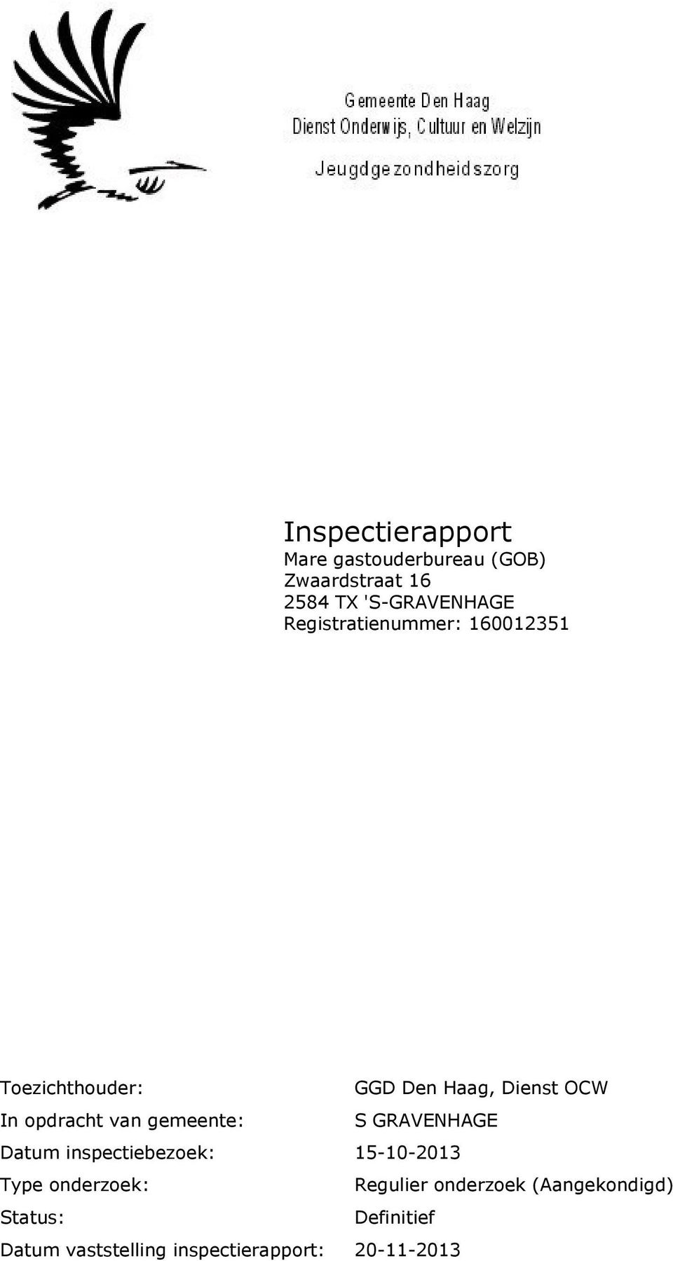 gemeente: S GRAVENHAGE Datum inspectiebezoek: 15-10-2013 Type onderzoek : Regulier