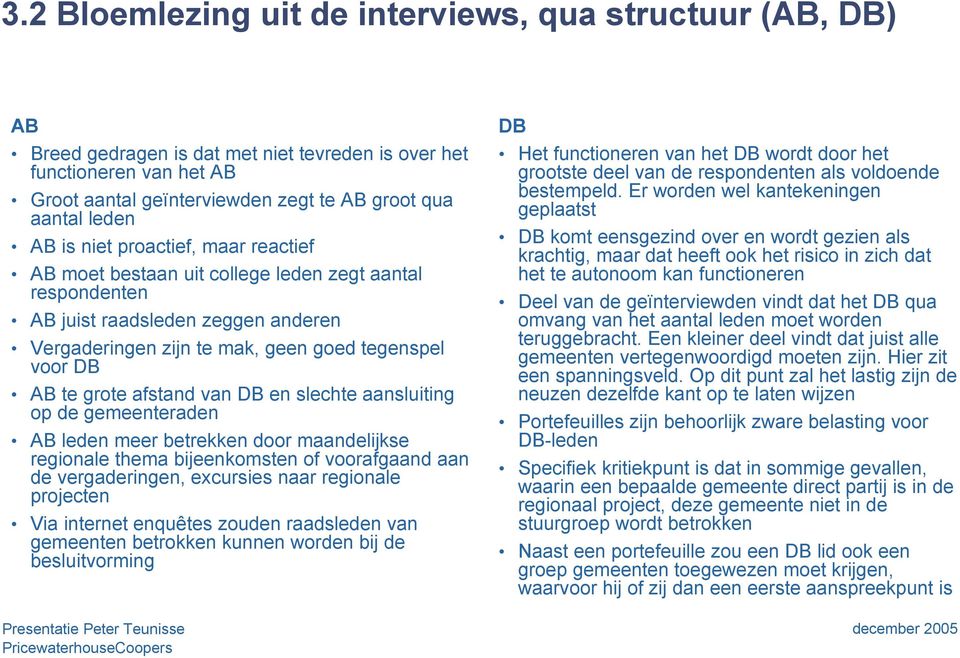 afstand van DB en slechte aansluiting op de gemeenteraden AB leden meer betrekken door maandelijkse regionale thema bijeenkomsten of voorafgaand aan de vergaderingen, excursies naar regionale