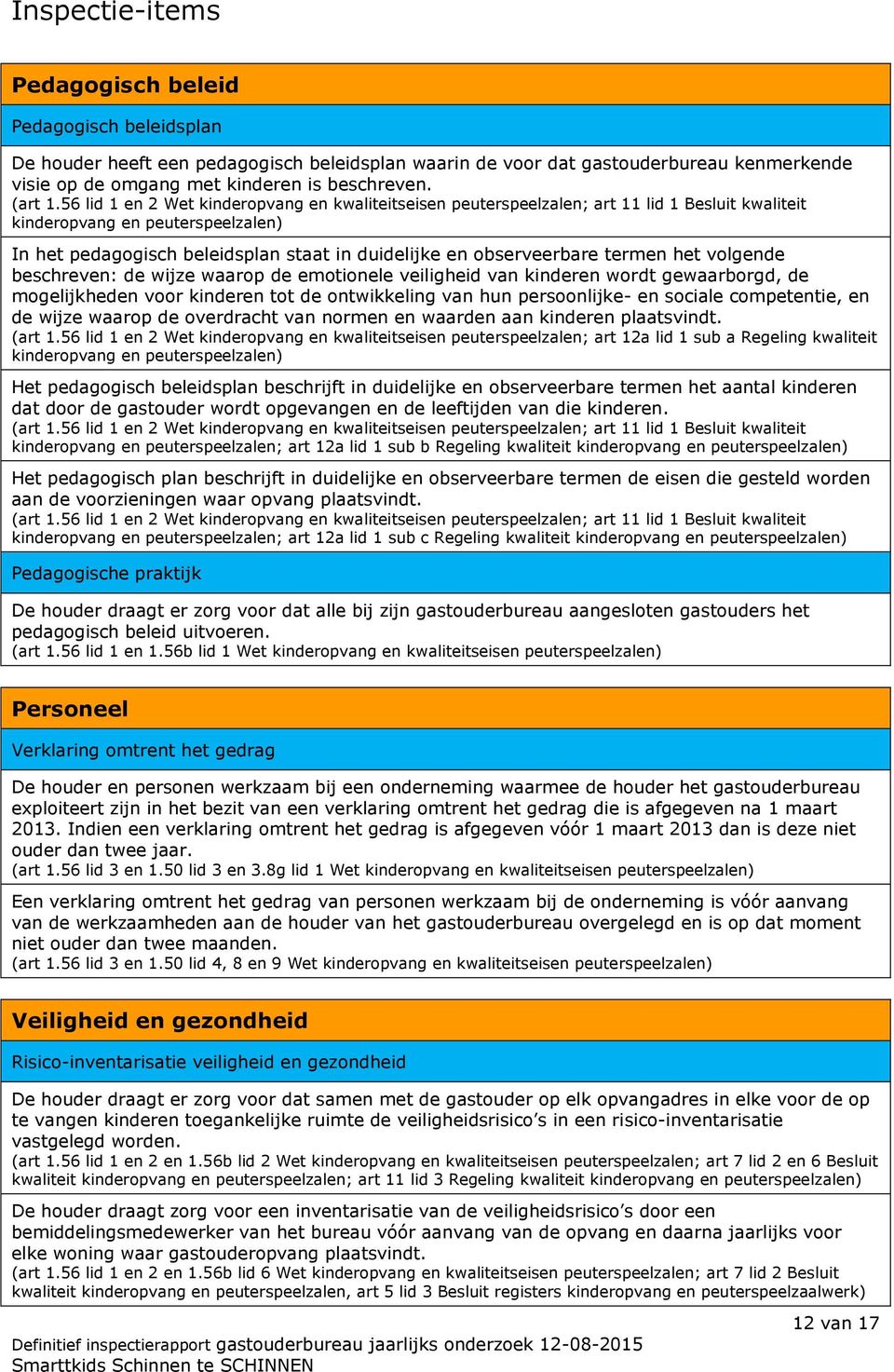 56 lid 1 en 2 Wet kinderopvang en kwaliteitseisen peuterspeelzalen; art 11 lid 1 Besluit kwaliteit kinderopvang en peuterspeelzalen) In het pedagogisch beleidsplan staat in duidelijke en