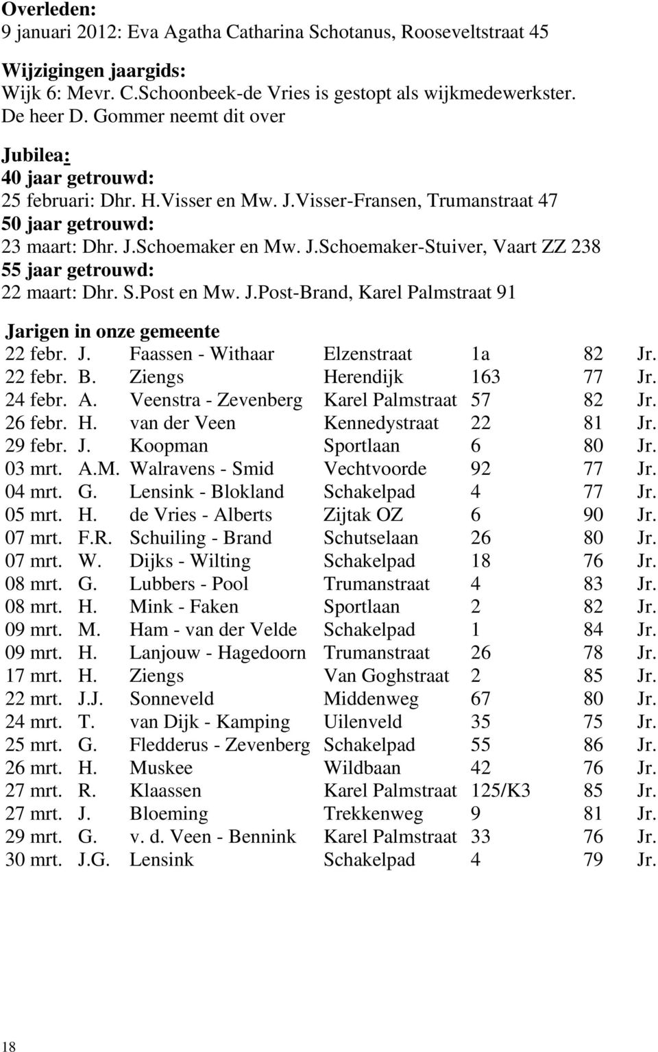 S.Post en Mw. J.Post-Brand, Karel Palmstraat 91 Jarigen in onze gemeente 22 febr. J. Faassen - Withaar Elzenstraat 1a 82 Jr. 22 febr. B. Ziengs Herendijk 163 77 Jr. 24 febr. A.