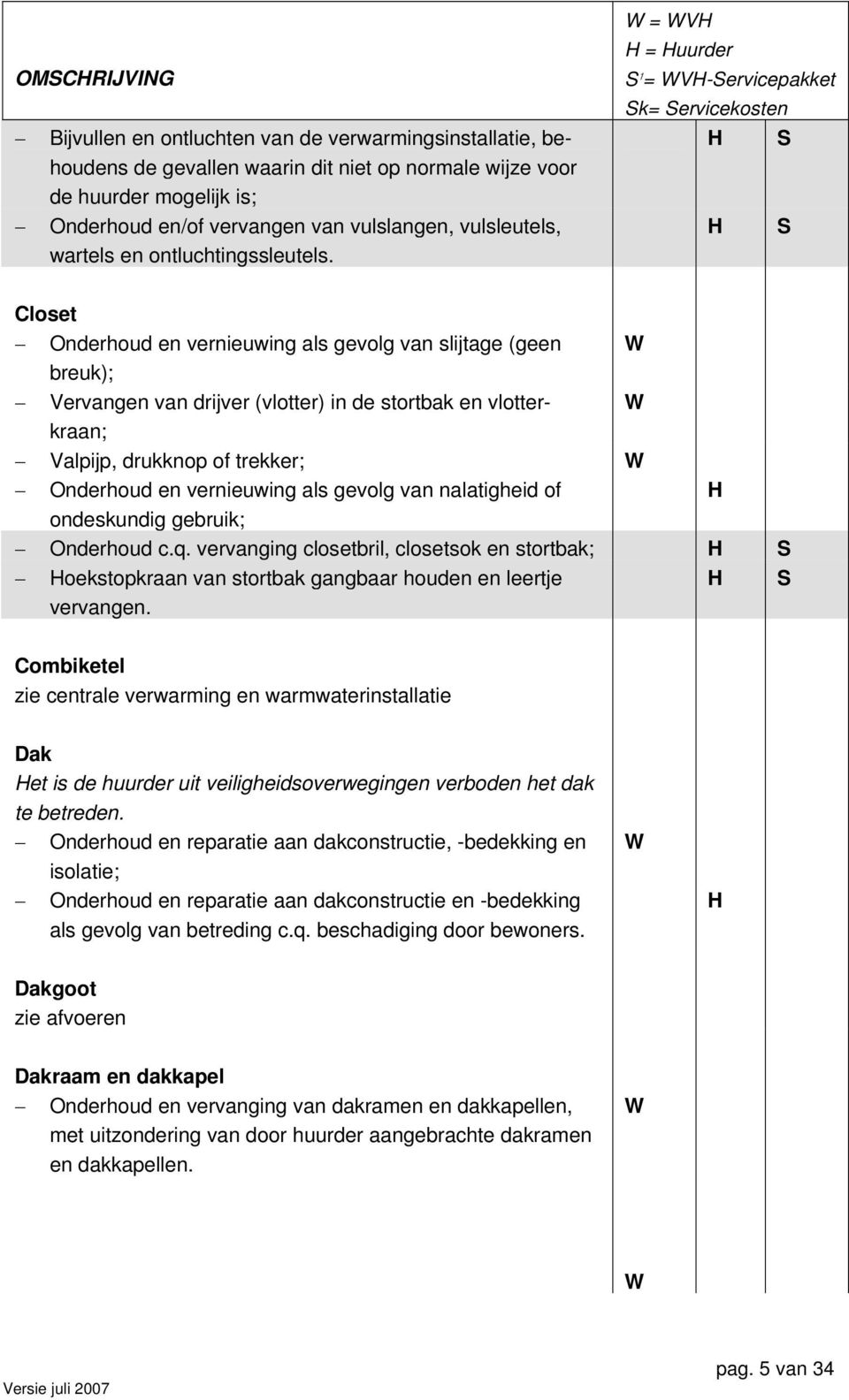 = V = uurder S 1 = V-Servicepakket S S Closet Onderhoud en vernieuwing als gevolg van slijtage (geen breuk); Vervangen van drijver (vlotter) in de stortbak en vlotterkraan; Valpijp, drukknop of