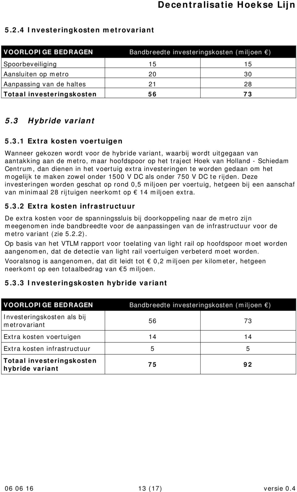 5.3 Hybride variant 5.3.1 Extra kosten voertuigen Wanneer gekozen wordt voor de hybride variant, waarbij wordt uitgegaan van aantakking aan de metro, maar hoofdspoor op het traject Hoek van Holland -