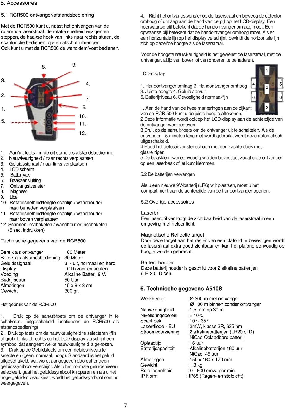 scanfunctie bedienen, op- en afschot inbrengen. Ook kunt u met de RCR500 de wandklem/voet bedienen. 3. 2. 1. 5. 8. 1. Aan/uit toets - in de uit stand als afstandsbediening 2.