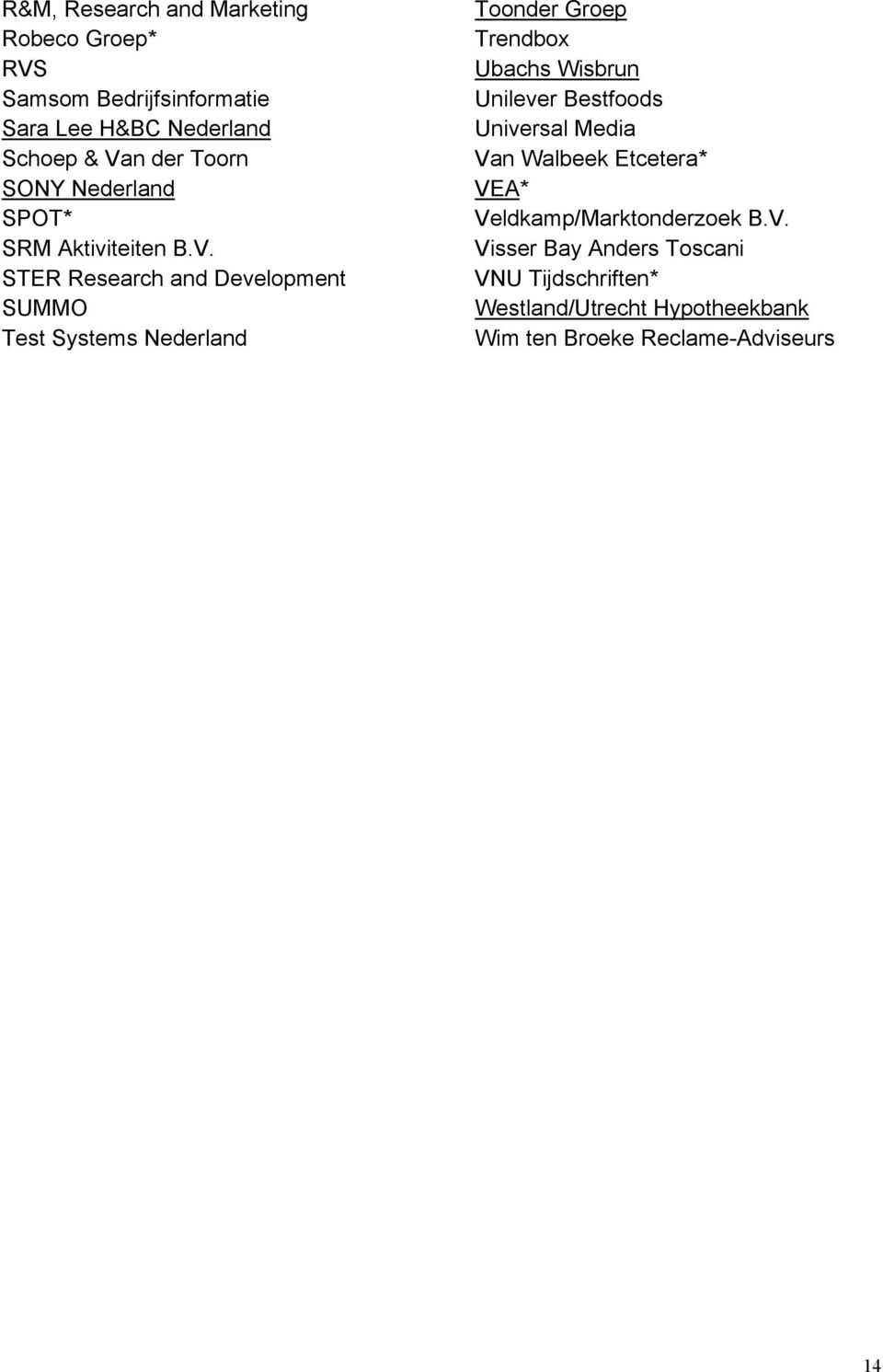 STER Research and Development SUMMO Test Systems Nederland Toonder Groep Trendbox Ubachs Wisbrun Unilever Bestfoods