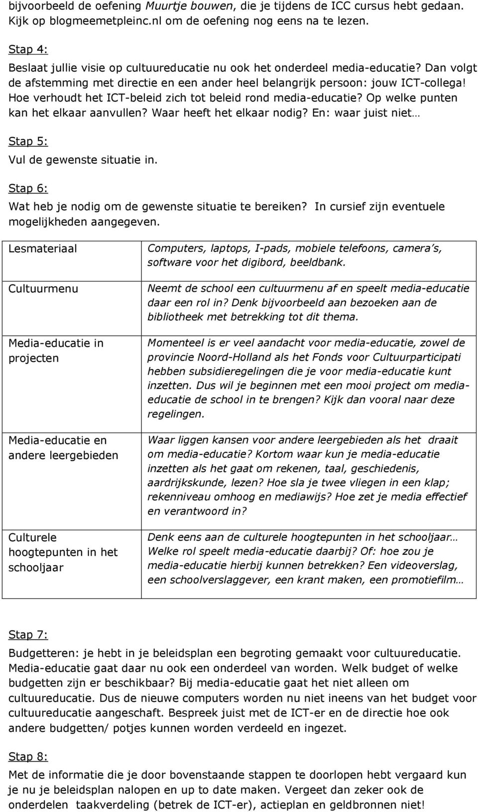 Hoe verhoudt het ICT-beleid zich tot beleid rond media-educatie? Op welke punten kan het elkaar aanvullen? Waar heeft het elkaar nodig? En: waar juist niet Stap 5: Vul de gewenste situatie in.