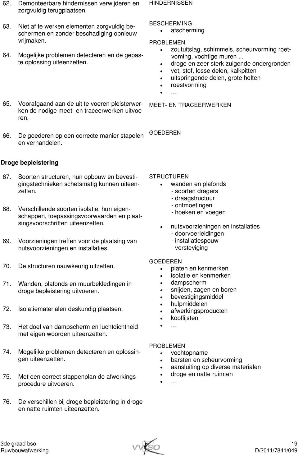 De goederen op een correcte manier stapelen en verhandelen. HINDERNISSEN BESCHERMING afscherming PROBLEMEN zoutuitslag, schimmels, scheurvorming roetvoming, vochtige muren.