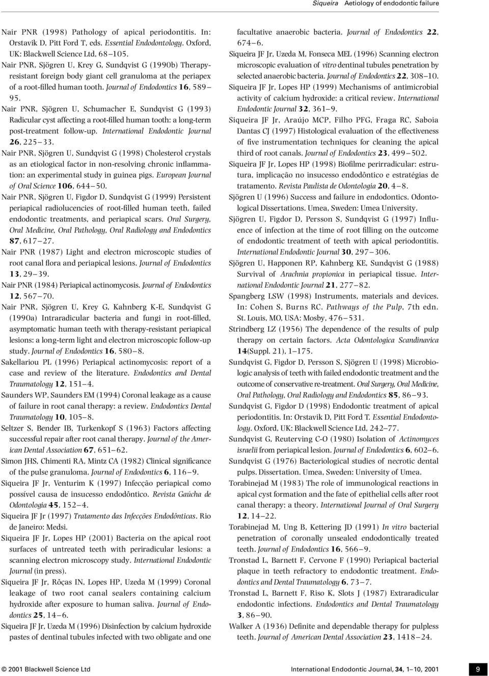 Nair PNR, Sjögren U, Schumacher E, Sundqvist G (1993) Radicular cyst affecting a root-filled human tooth: a long-term post-treatment follow-up. International Endodontic Journal 26, 225 33.