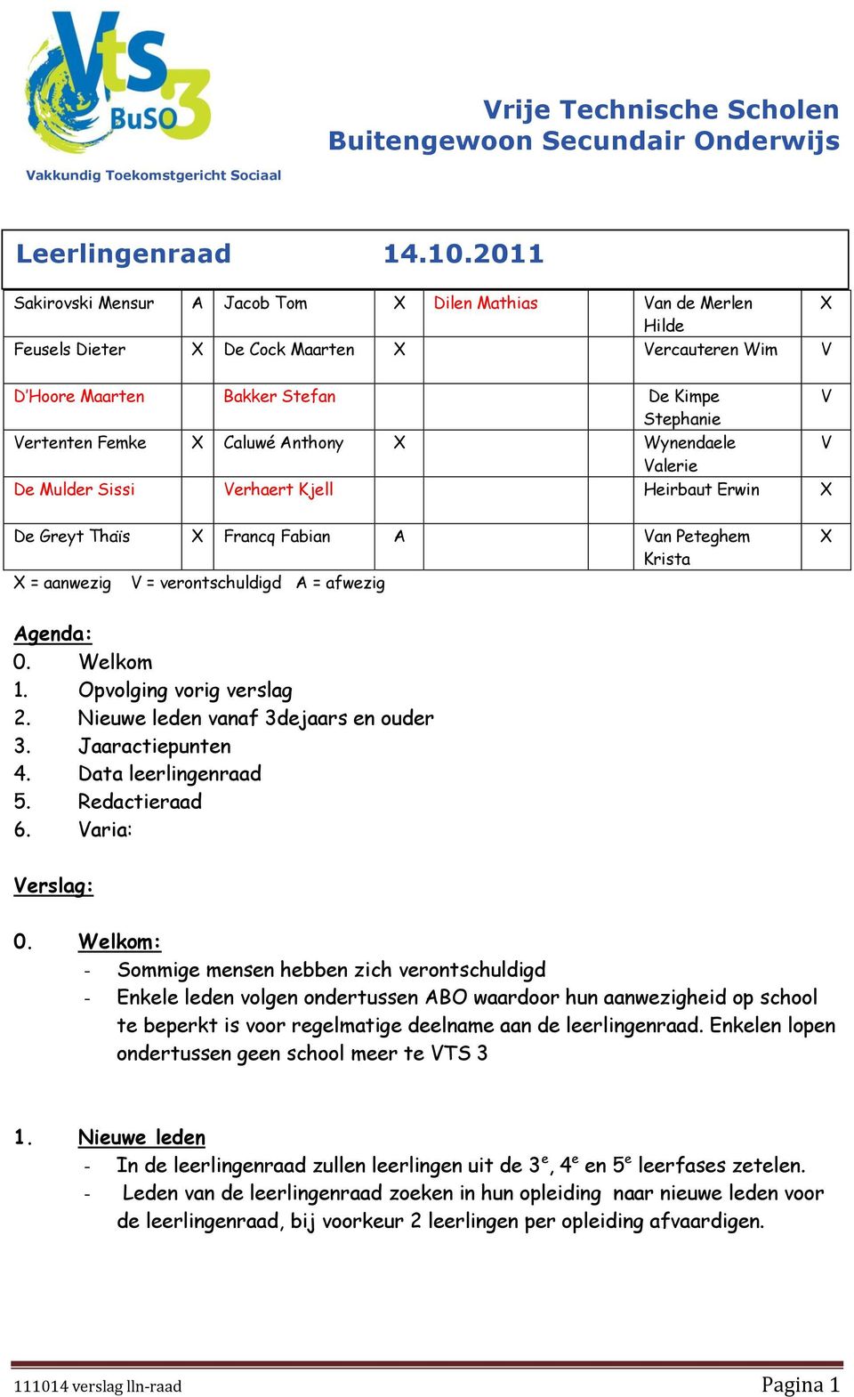 Caluwé Anthony X Wynendaele V Valerie De Mulder Sissi Verhaert Kjell Heirbaut Erwin X De Greyt Thaïs X Francq Fabian A Van Peteghem Krista X = aanwezig V = verontschuldigd A = afwezig X Agenda: 0.