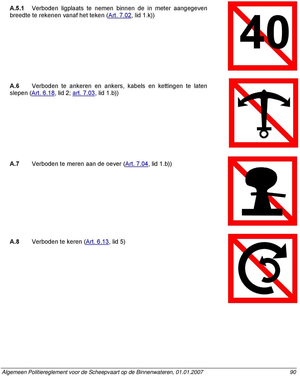 18, lid 2; art. 7.03, lid 1.b)) A.7 Verboden te meren aan de oever (Art. 7.04, lid 1.b)) A.8 Verboden te keren (Art.