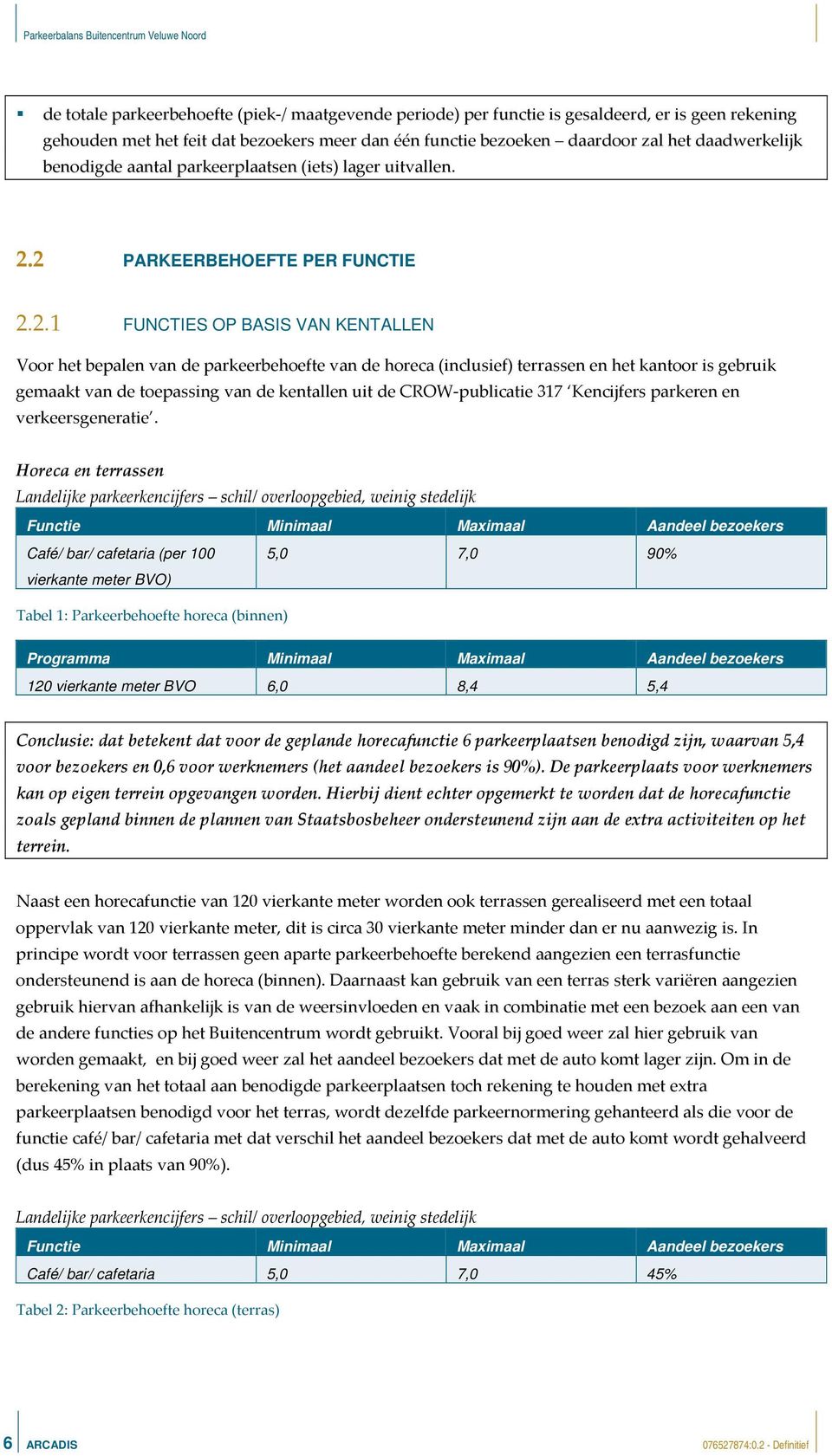 2 PARKEERBEHOEFTE PER FUNCTIE 2.2.1 FUNCTIES OP BASIS VAN KENTALLEN Voor het bepalen van de parkeerbehoefte van de horeca (inclusief) terrassen en het kantoor is gebruik gemaakt van de toepassing van