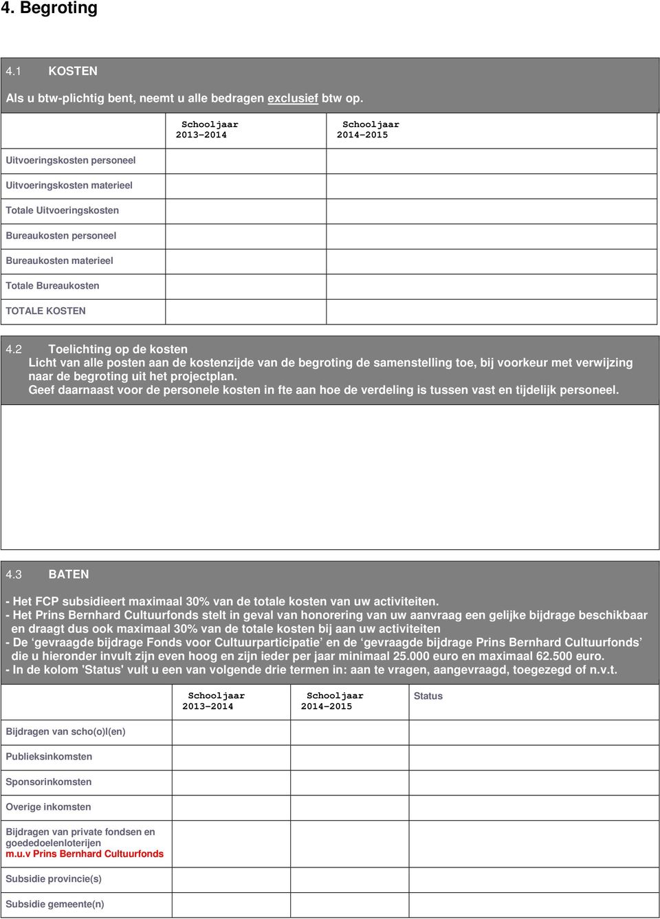 KOSTEN 4.2 Toelichting op de kosten Licht van alle posten aan de kostenzijde van de begroting de samenstelling toe, bij voorkeur met verwijzing naar de begroting uit het projectplan.