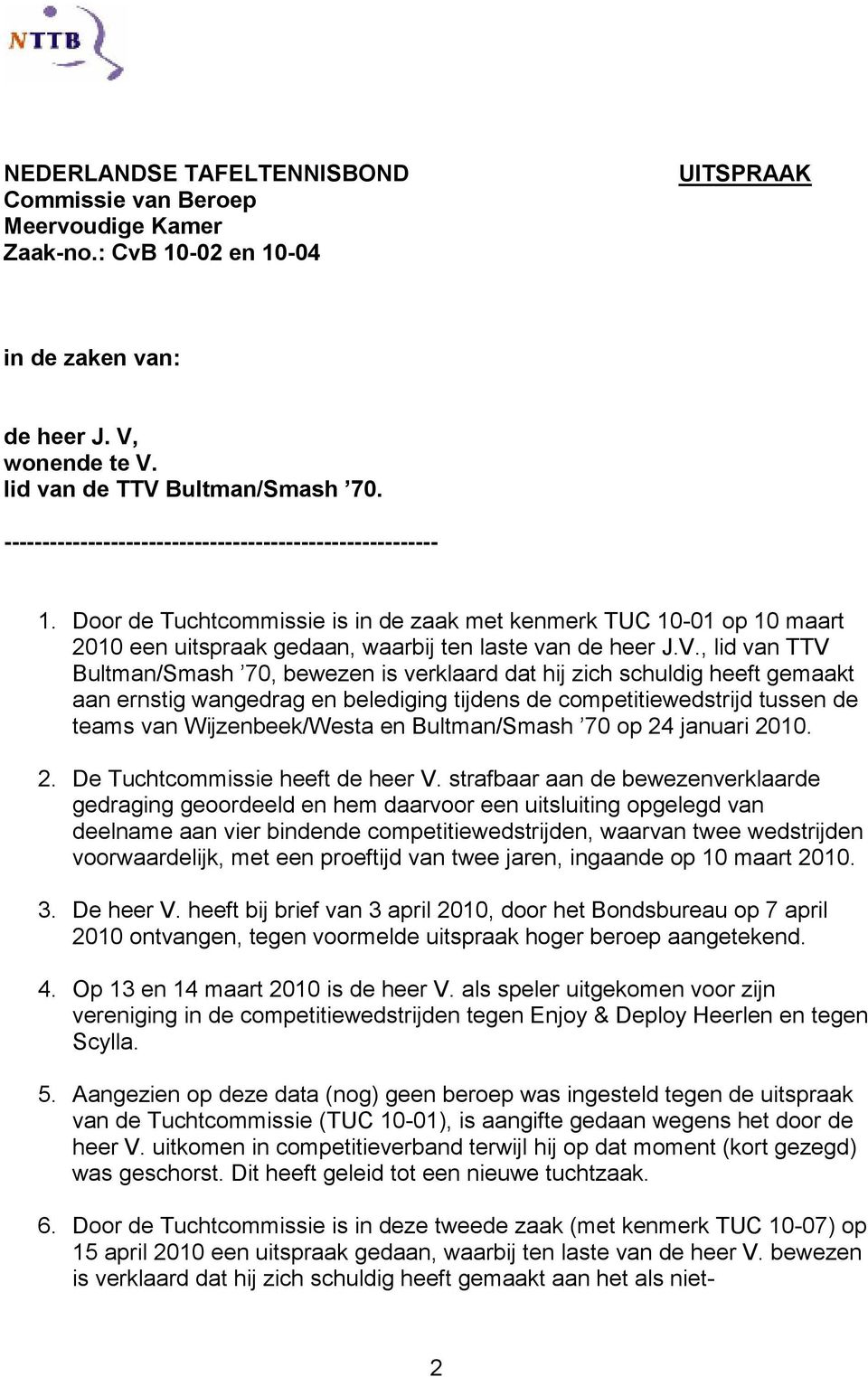 , lid van TTV Bultman/Smash 70, bewezen is verklaard dat hij zich schuldig heeft gemaakt aan ernstig wangedrag en belediging tijdens de competitiewedstrijd tussen de teams van Wijzenbeek/Westa en