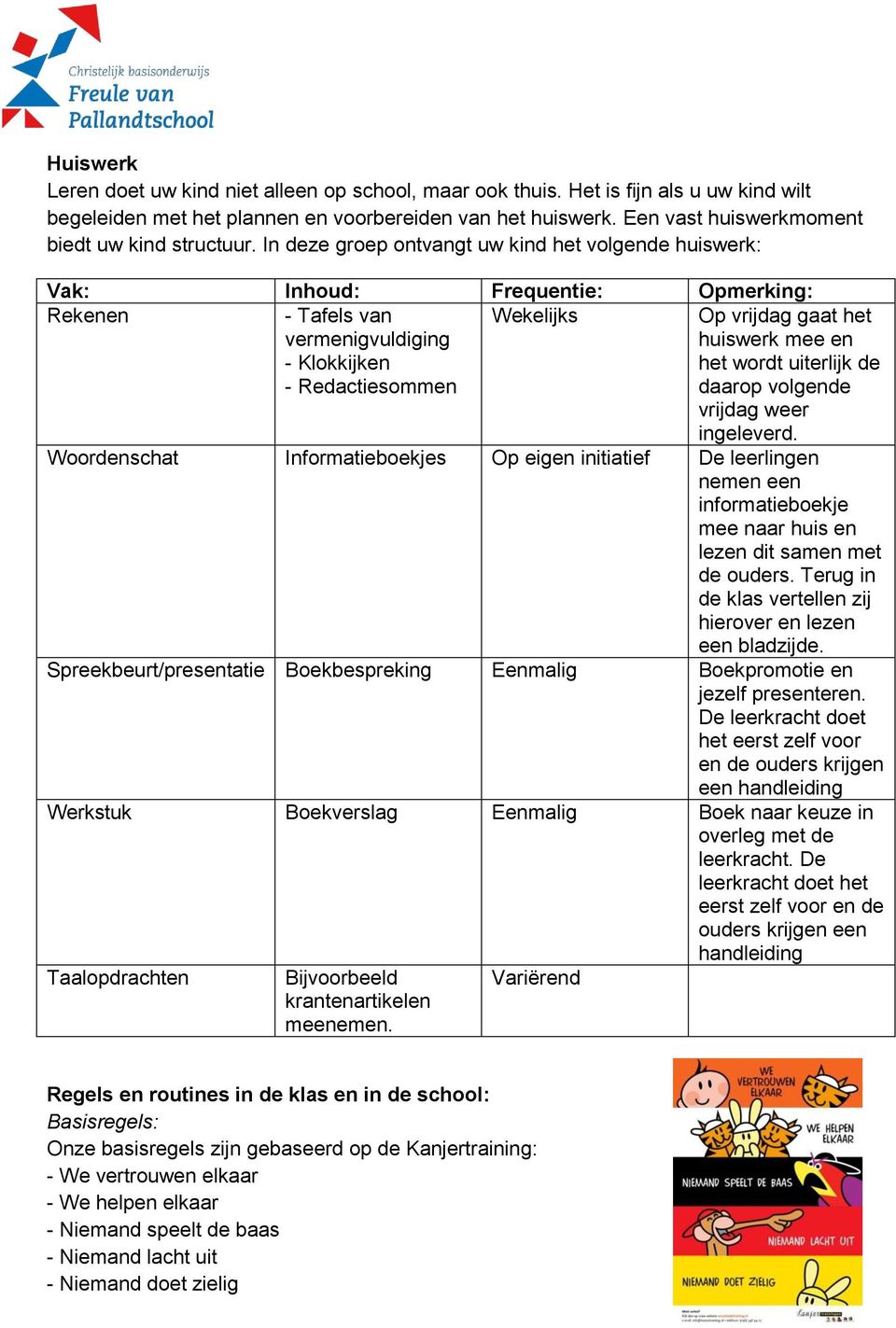 In deze groep ontvangt uw kind het volgende huiswerk: Vak: Inhoud: Frequentie: Opmerking: Rekenen - Tafels van vermenigvuldiging - Klokkijken - Redactiesommen Wekelijks Op vrijdag gaat het huiswerk