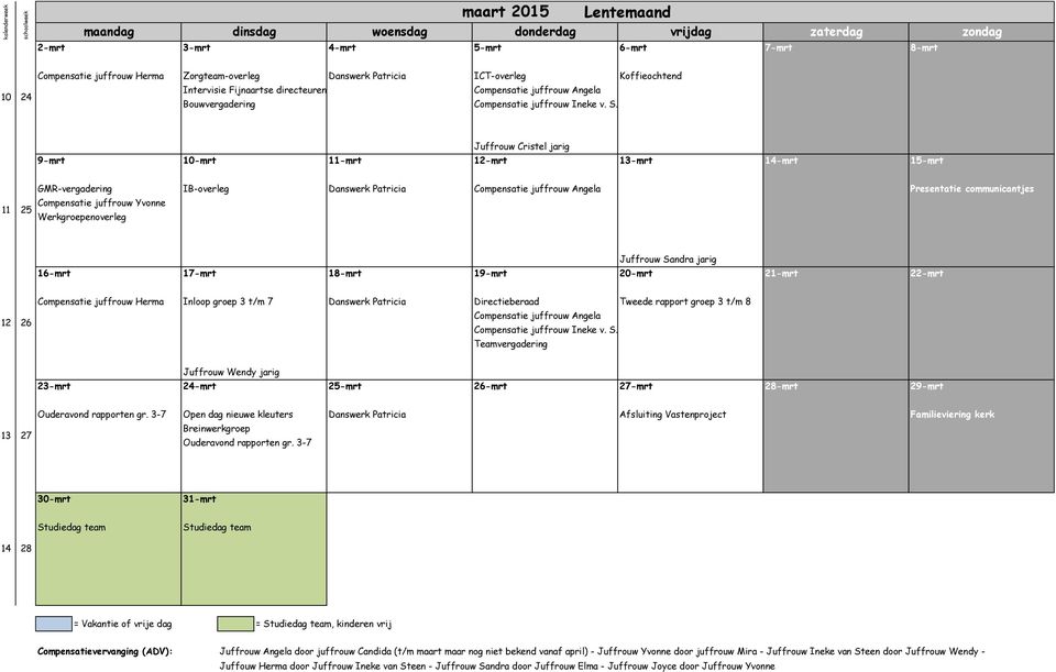 12 26 Inloop groep 3 t/m 7 Directieberaad Tweede rapport groep 3 t/m 8 Juffrouw Wendy jarig 23-mrt 24-mrt 25-mrt 26-mrt 27-mrt 28-mrt 29-mrt Ouderavond rapporten gr.