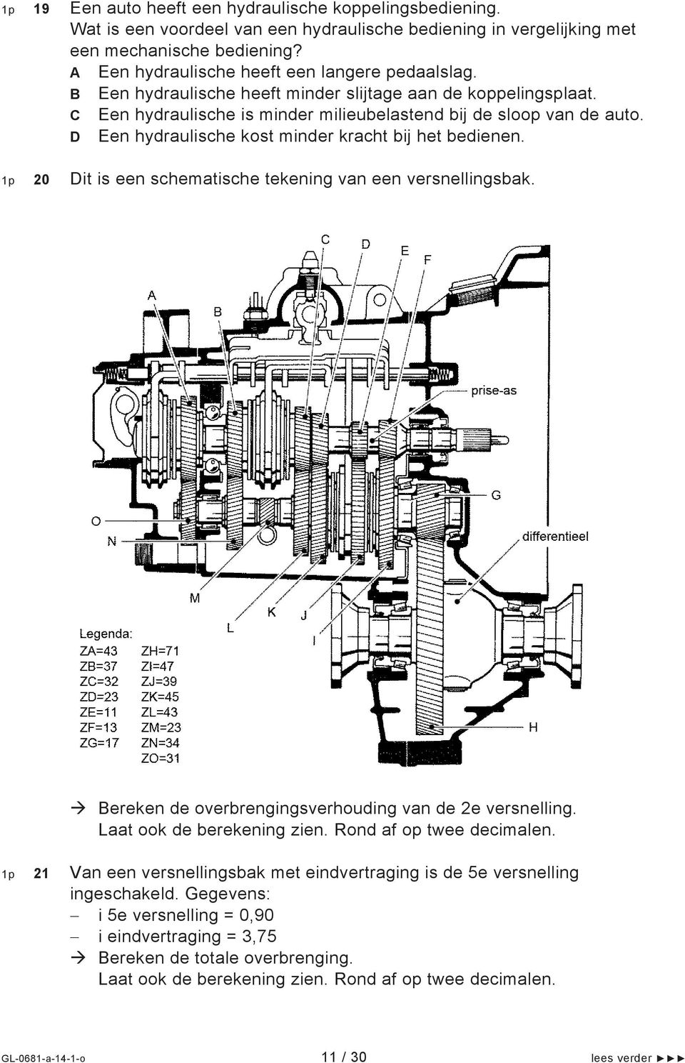 D Een hydraulische kost minder kracht bij het bedienen. 1p 20 Dit is een schematische tekening van een versnellingsbak. Bereken de overbrengingsverhouding van de 2e versnelling.