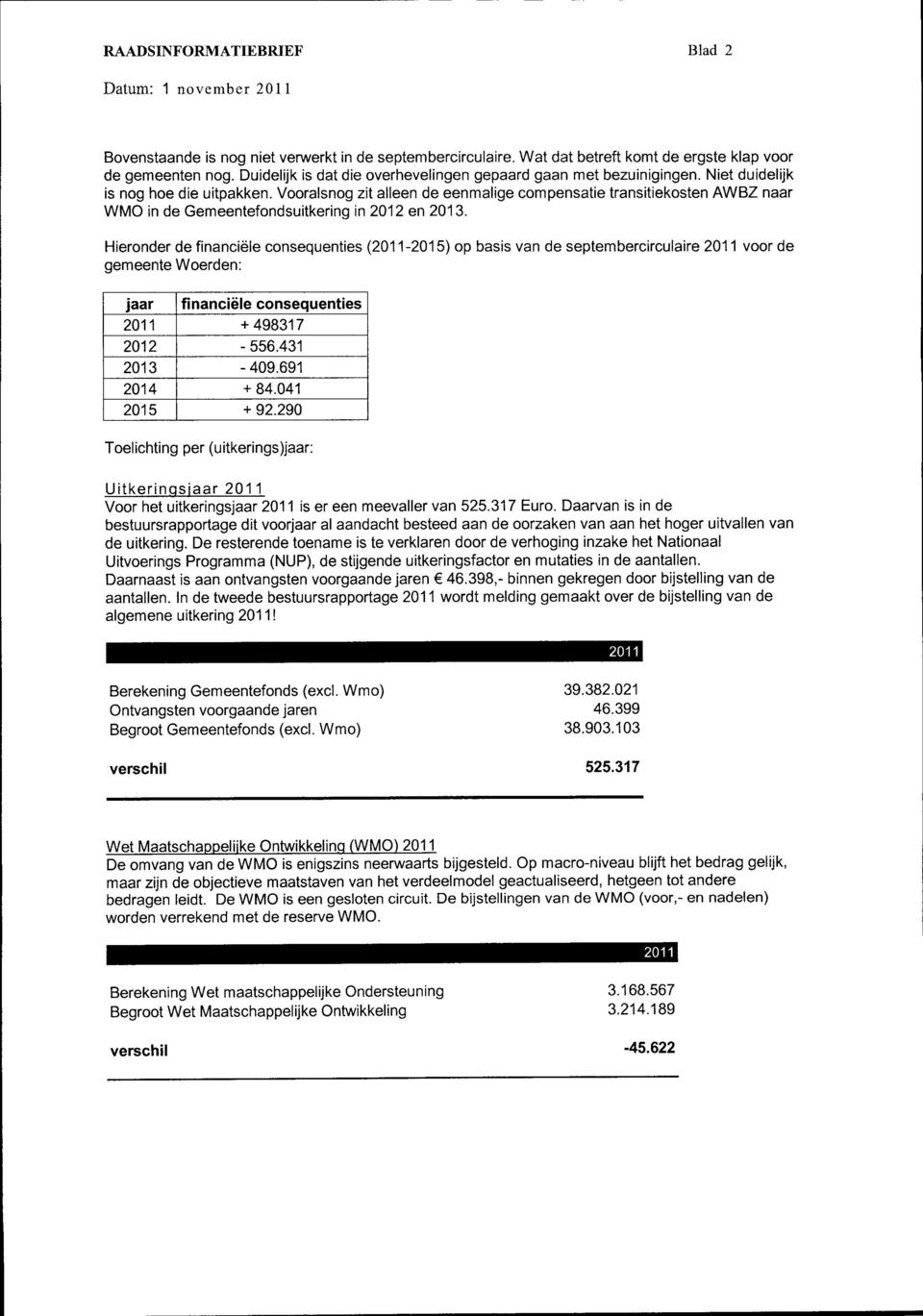 Vooralsnog zit alleen de eenmalige compensatie transitiekosten AWBZ naar WMO in de Gemeentefondsuitkering in 212 en 213.