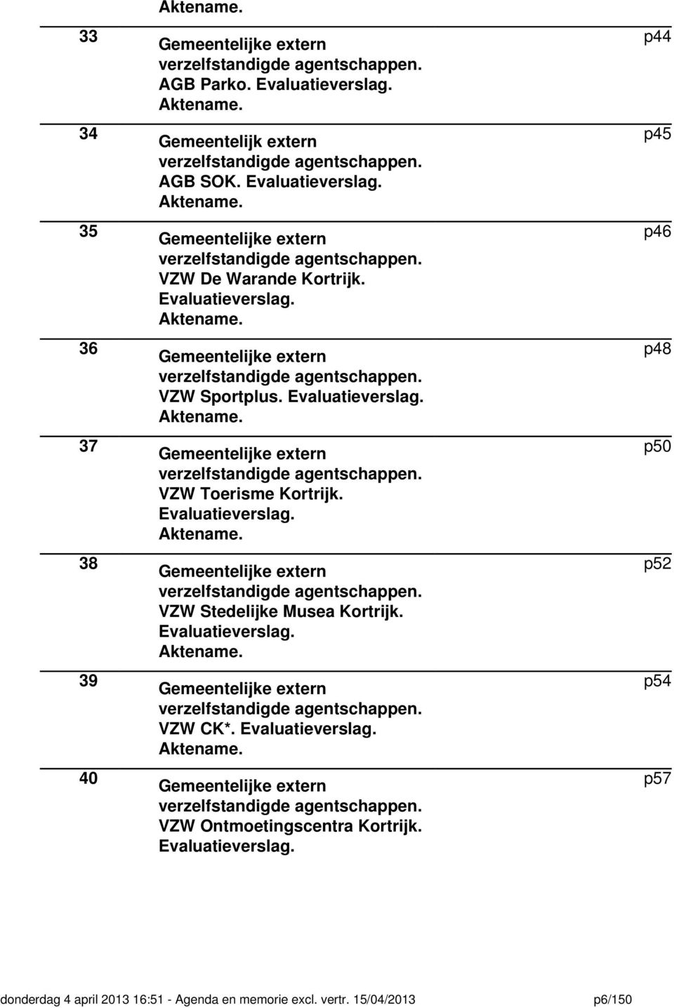 Evaluatieverslag. Aktename. Gemeentelijke extern verzelfstandigde agentschappen. VZW Toerisme Kortrijk. Evaluatieverslag. Aktename. Gemeentelijke extern verzelfstandigde agentschappen. VZW Stedelijke Musea Kortrijk.