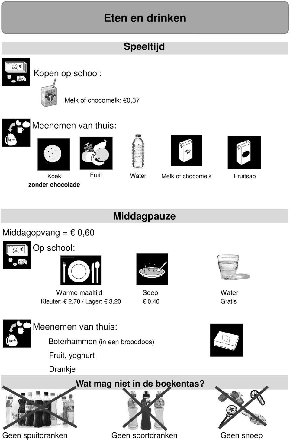 maaltijd Soep Water Kleuter: 2,70 / Lager: 3,20 0,40 Gratis Meenemen van thuis: Boterhammen (in een