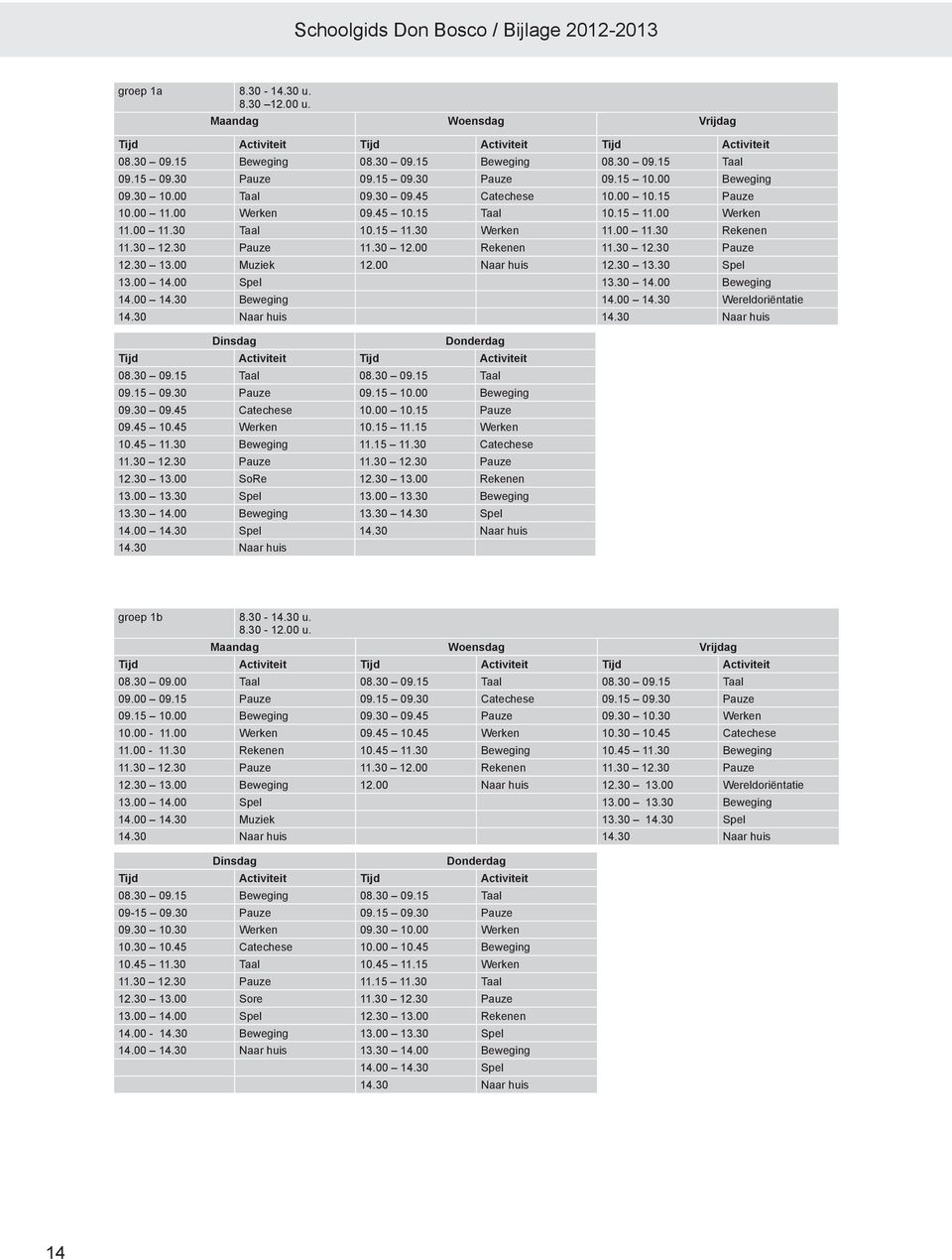 30 12.30 Pauze 12.30 13.00 Muziek 12.00 Naar huis 12.30 13.30 Spel 13.00 14.00 Spel 13.30 14.00 Beweging 14.00 14.30 Beweging 14.00 14.30 Wereldoriëntatie 08.30 09.15 Taal 08.30 09.15 Taal 09.15 09.