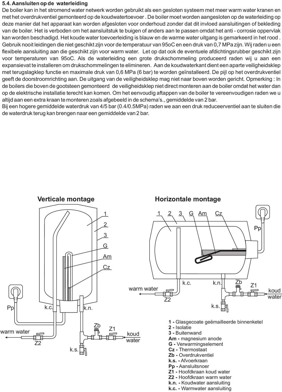 De boiler moet worden aangesloten op de waterleiding op deze manier dat het apparaat kan worden afgesloten voor onderhoud zonder dat dit invloed aansluitingen of bekleding van de boiler.