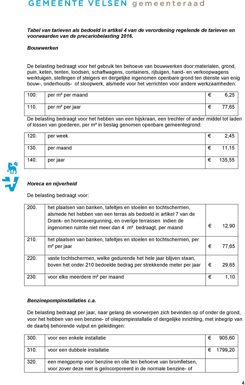 werktuigen, stellingen of steigers en dergelijke ingenomen openbare grond ten dienste van enig bouw-, onderhouds- of sloopwerk, alsmede voor het verrichten voor andere werkzaamheden: 100.