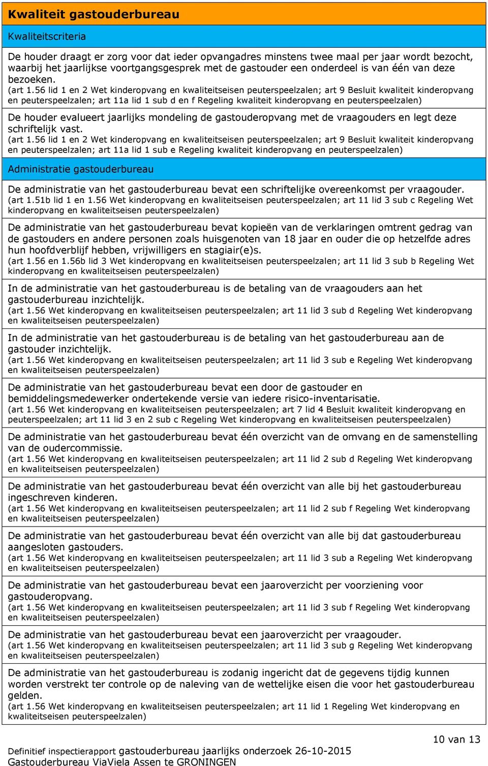 56 lid 1 en 2 Wet kinderopvang en kwaliteitseisen peuterspeelzalen; art 9 Besluit kwaliteit kinderopvang en peuterspeelzalen; art 11a lid 1 sub d en f Regeling kwaliteit kinderopvang en