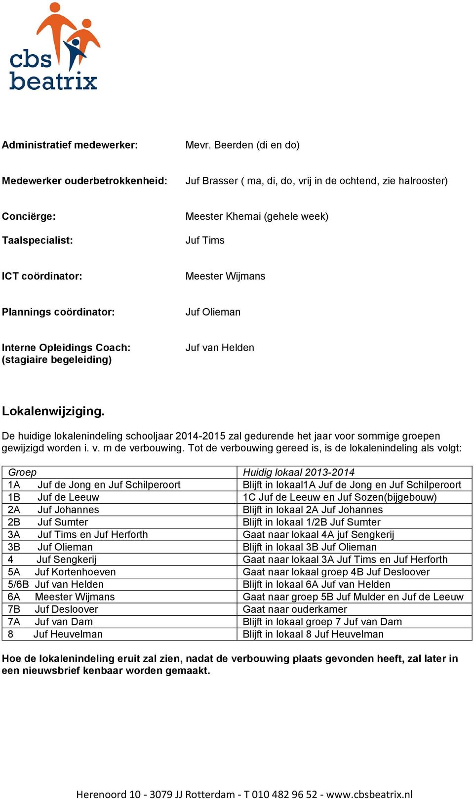 Meester Wijmans Plannings coördinator: Juf Olieman Interne Opleidings Coach: (stagiaire begeleiding) Juf van Helden Lokalenwijziging.