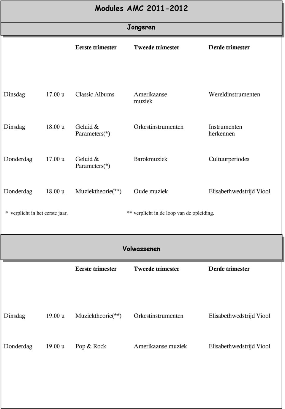 00 u Muziektheorie(**) Oude muziek Elisabethwedstrijd Viool * verplicht in het eerste jaar. ** verplicht in de loop van de opleiding.