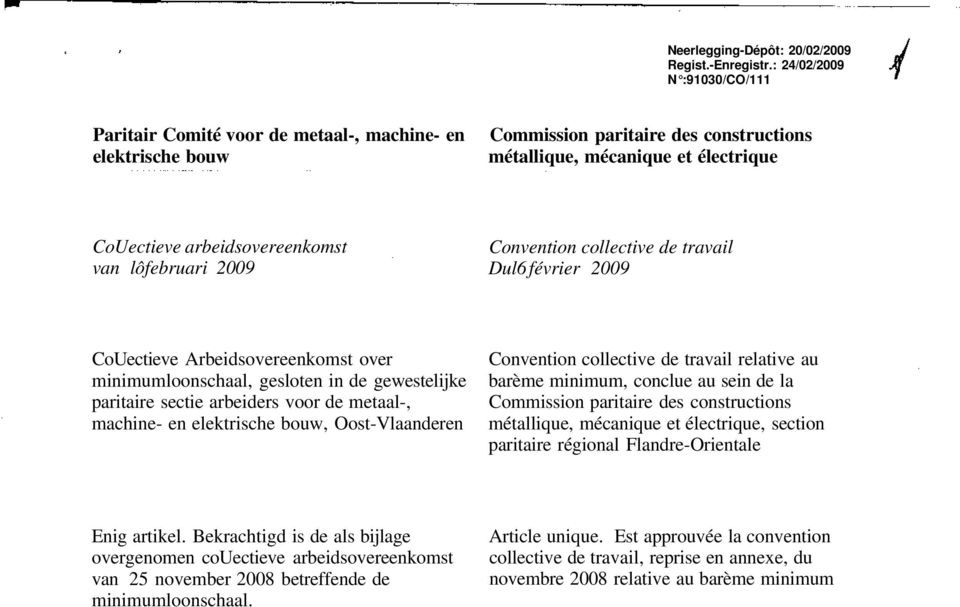 van lôfebruari 2009 Convention collective de travail Dul6 février 2009 CoUectieve Arbeidsovereenkomst over minimumloonschaal, gesloten in de gewestelijke paritaire sectie arbeiders voor de metaal-,