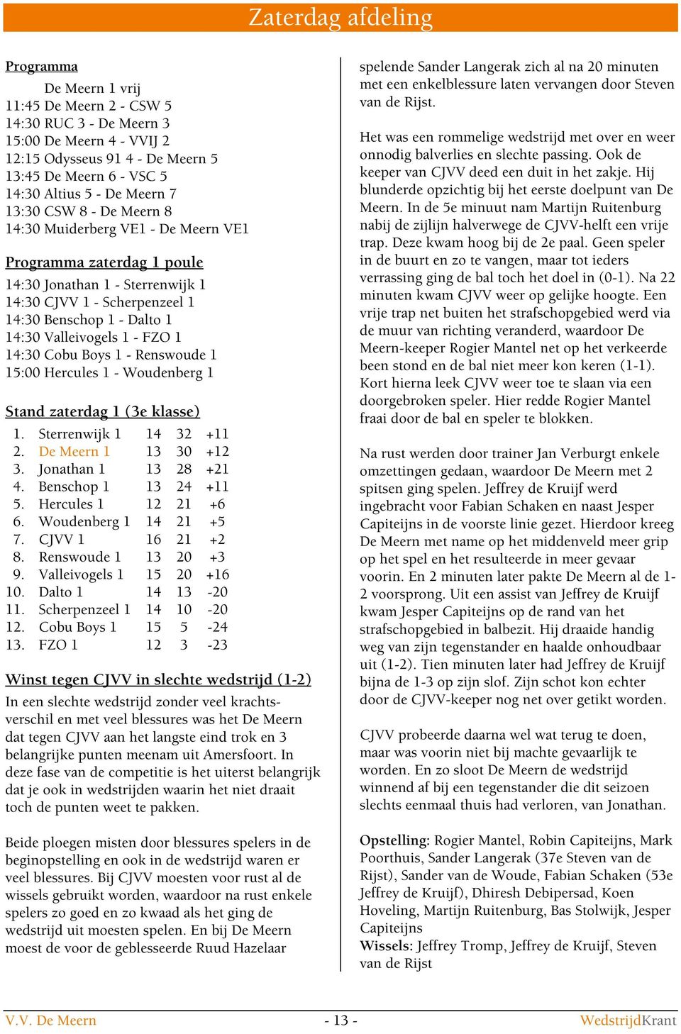 Valleivogels 1 - FZO 1 14:30 Cobu Boys 1 - Renswoude 1 15:00 Hercules 1 - Woudenberg 1 Stand zaterdag 1 (3e klasse) 1. Sterrenwijk 1 14 32 +11 2. De Meern 1 13 30 +12 3. Jonathan 1 13 28 +21 4.