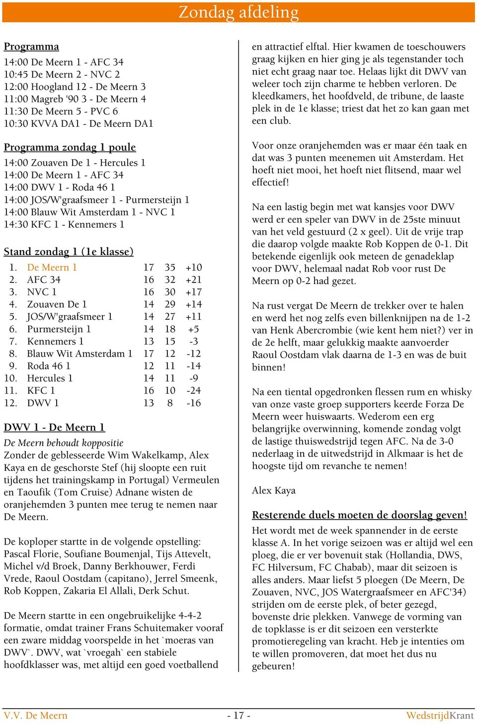 Kennemers 1 Stand zondag 1 (1e klasse) 1. De Meern 1 17 35 +10 2. AFC 34 16 32 +21 3. NVC 1 16 30 +17 4. Zouaven De 1 14 29 +14 5. JOS/W'graafsmeer 1 14 27 +11 6. Purmersteijn 1 14 18 +5 7.