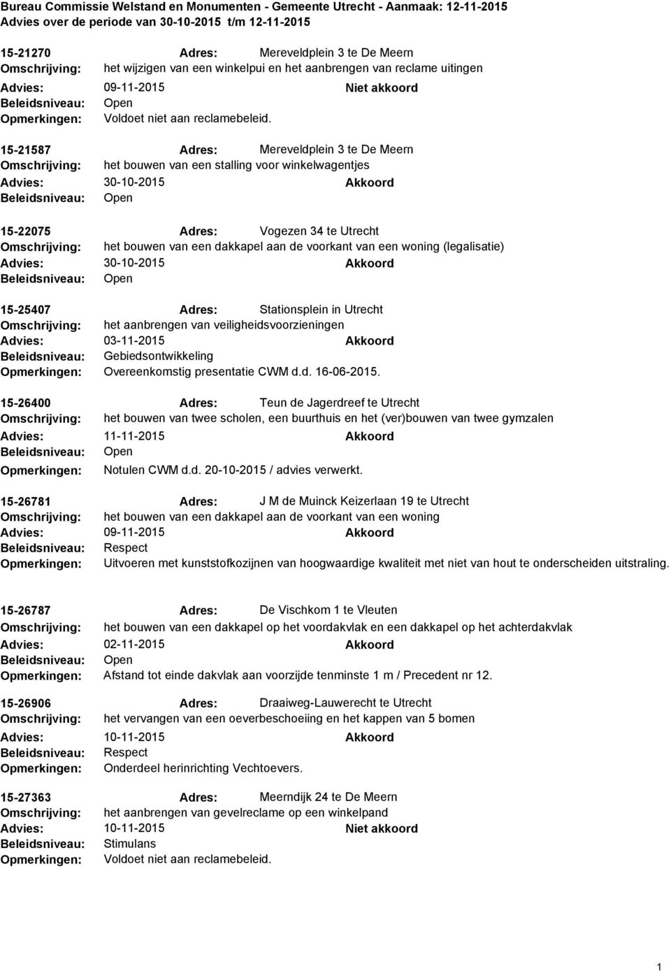 van een woning (legalisatie) 30-10-2015 Akkoord Open 15-25407 Adres: Stationsplein in Utrecht het aanbrengen van veiligheidsvoorzieningen 03-11-2015 Akkoord Overeenkomstig presentatie CWM d.d. 16-06-2015.