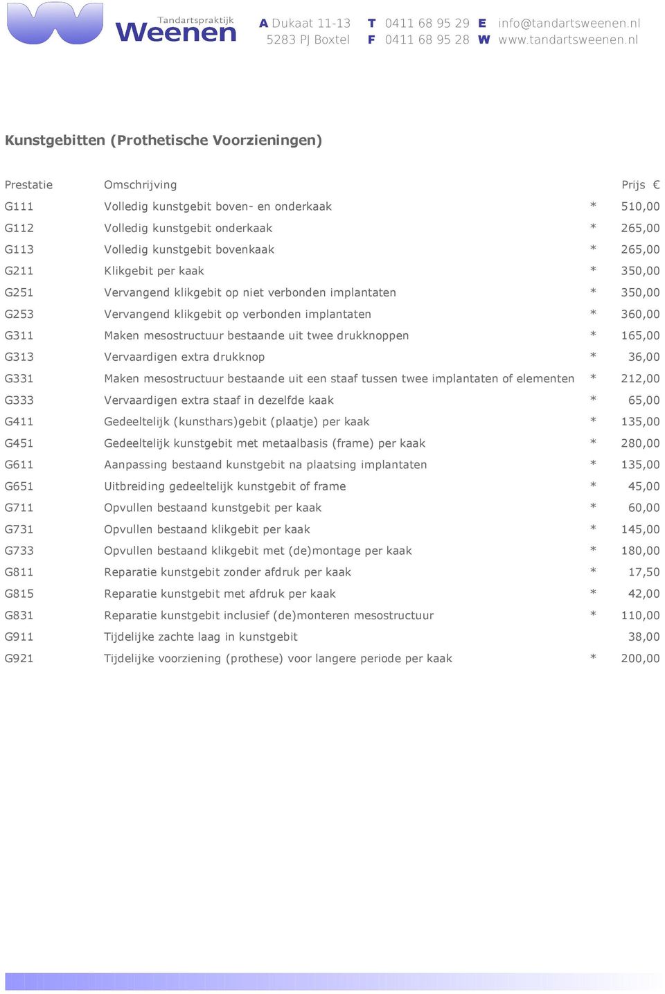 * 165,00 G313 Vervaardigen extra drukknop * 36,00 G331 Maken mesostructuur bestaande uit een staaf tussen twee implantaten of elementen * 212,00 G333 Vervaardigen extra staaf in dezelfde kaak * 65,00