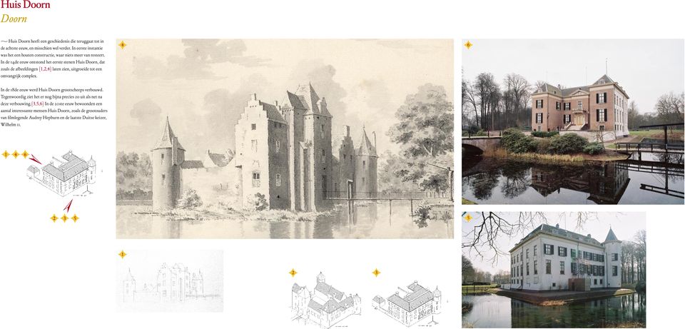 In de 14de eeuw ontstond het eerste stenen Huis Doorn, dat zoals de afbeeldingen {1,2,4} laten zien, uitgroeide tot een omvangrijk complex.