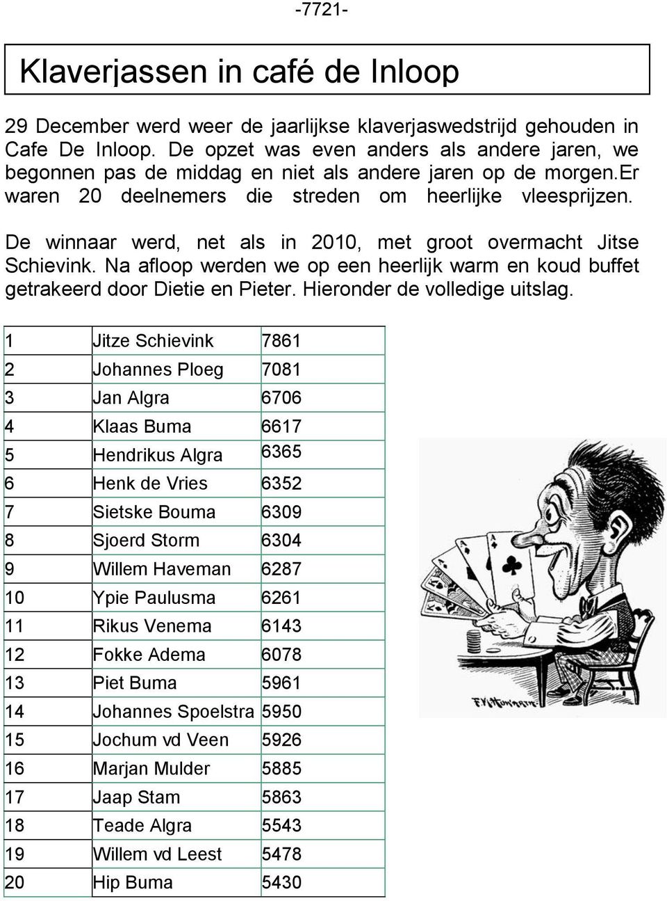 De winnaar werd, net als in 2010, met groot overmacht Jitse Schievink. Na afloop werden we op een heerlijk warm en koud buffet getrakeerd door Dietie en Pieter. Hieronder de volledige uitslag.