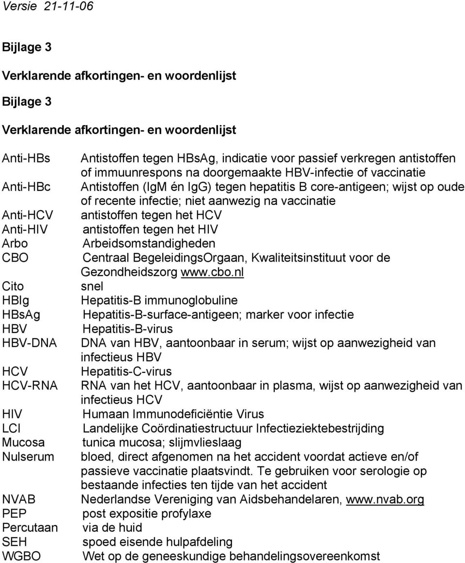 tegen hepatitis B core-antigeen; wijst op oude of recente infectie; niet aanwezig na vaccinatie antistoffen tegen het HCV antistoffen tegen het HIV Arbeidsomstandigheden Centraal BegeleidingsOrgaan,