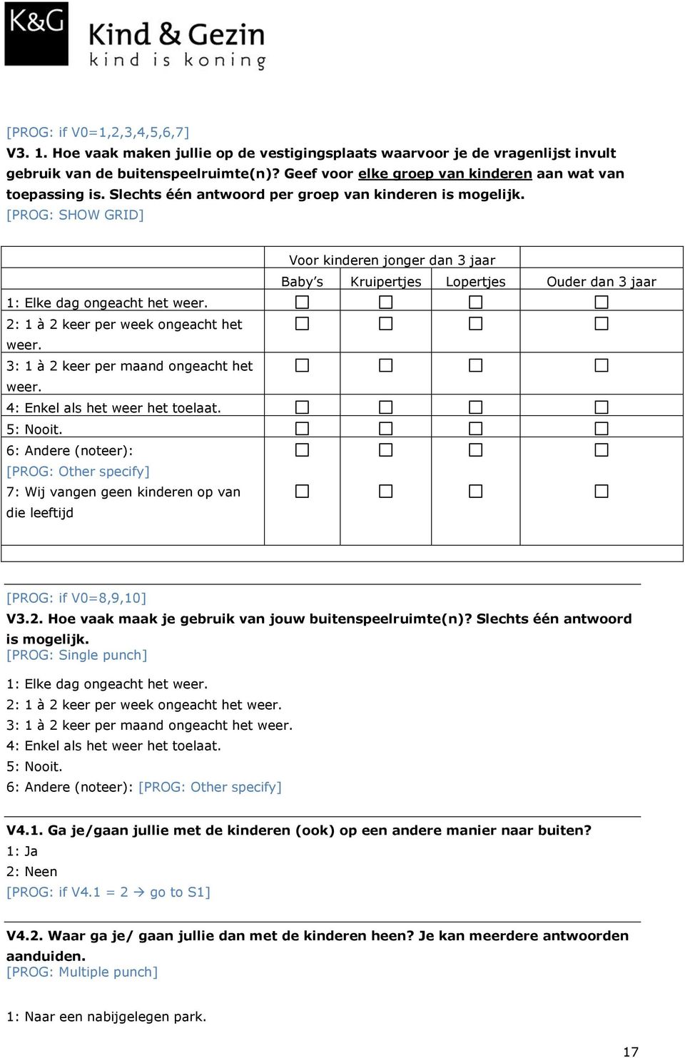 2: 1 à 2 keer per week ongeacht het weer. 3: 1 à 2 keer per maand ongeacht het weer. 4: Enkel als het weer het toelaat. 5: Nooit.