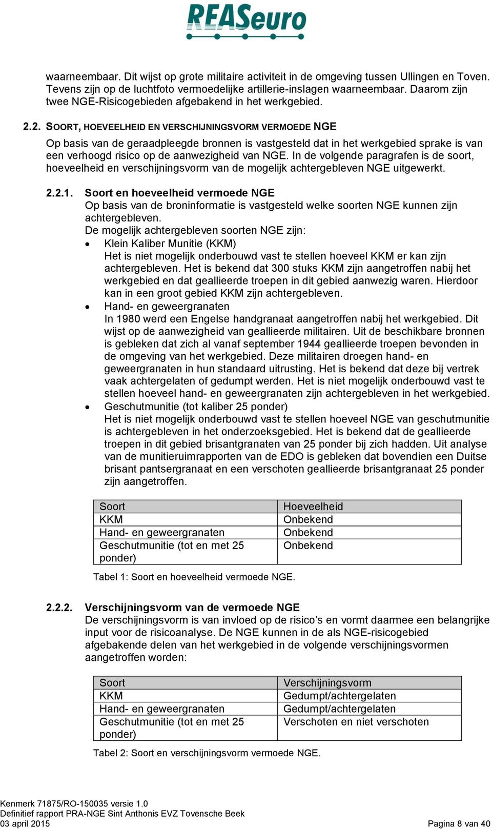 2. SOORT, HOEVEELHEID EN VERSCHIJNINGSVORM VERMOEDE NGE Op basis van de geraadpleegde bronnen is vastgesteld dat in het werkgebied sprake is van een verhoogd risico op de aanwezigheid van NGE.