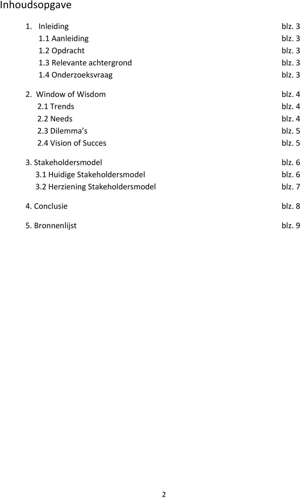 5 2.4 Vision of Succes blz. 5 3. Stakeholdersmodel blz. 6 3.1 Huidige Stakeholdersmodel blz. 6 3.2 Herziening Stakeholdersmodel blz.