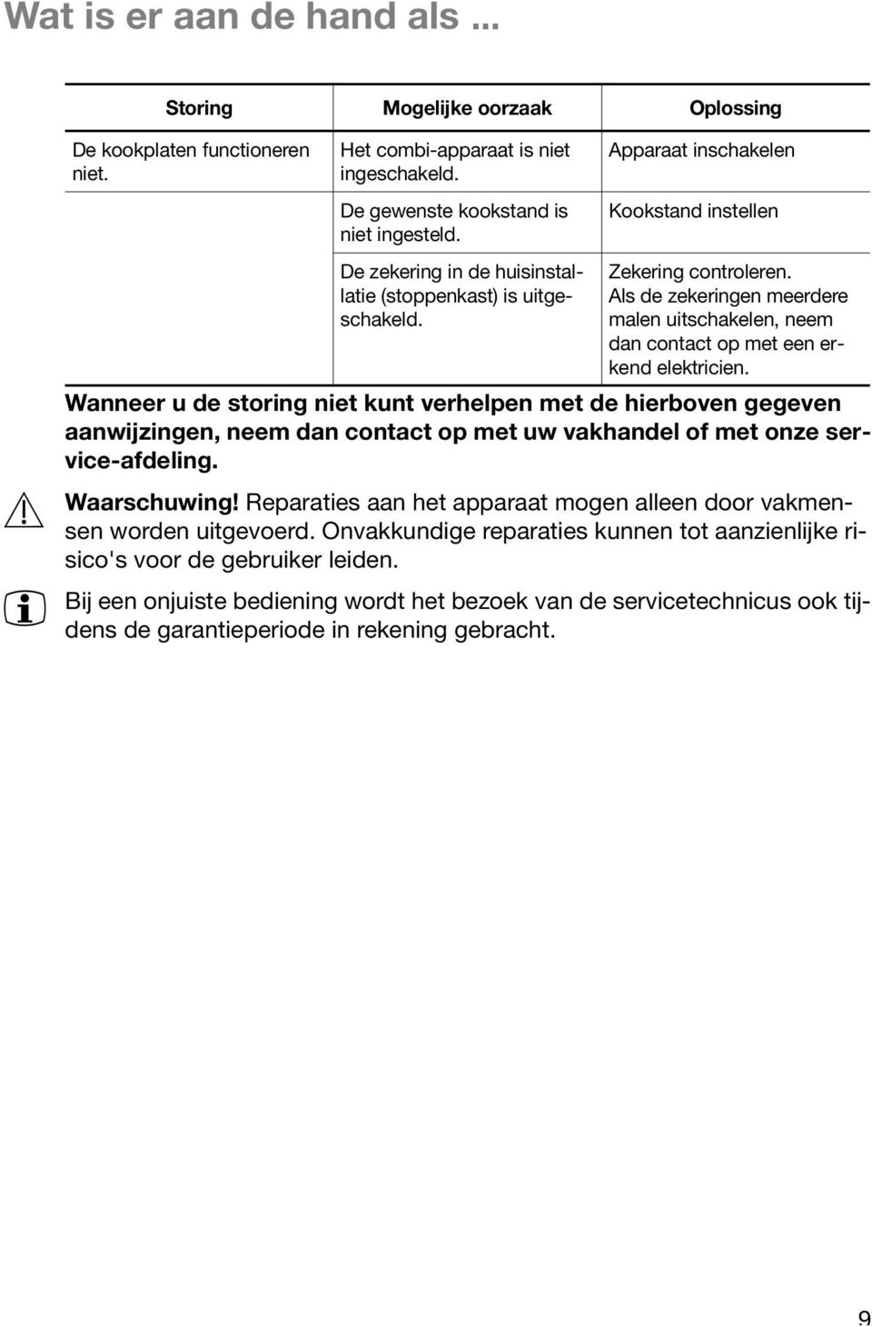 Als de zekeringen meerdere malen uitschakelen, neem dan contact op met een erkend elektricien.